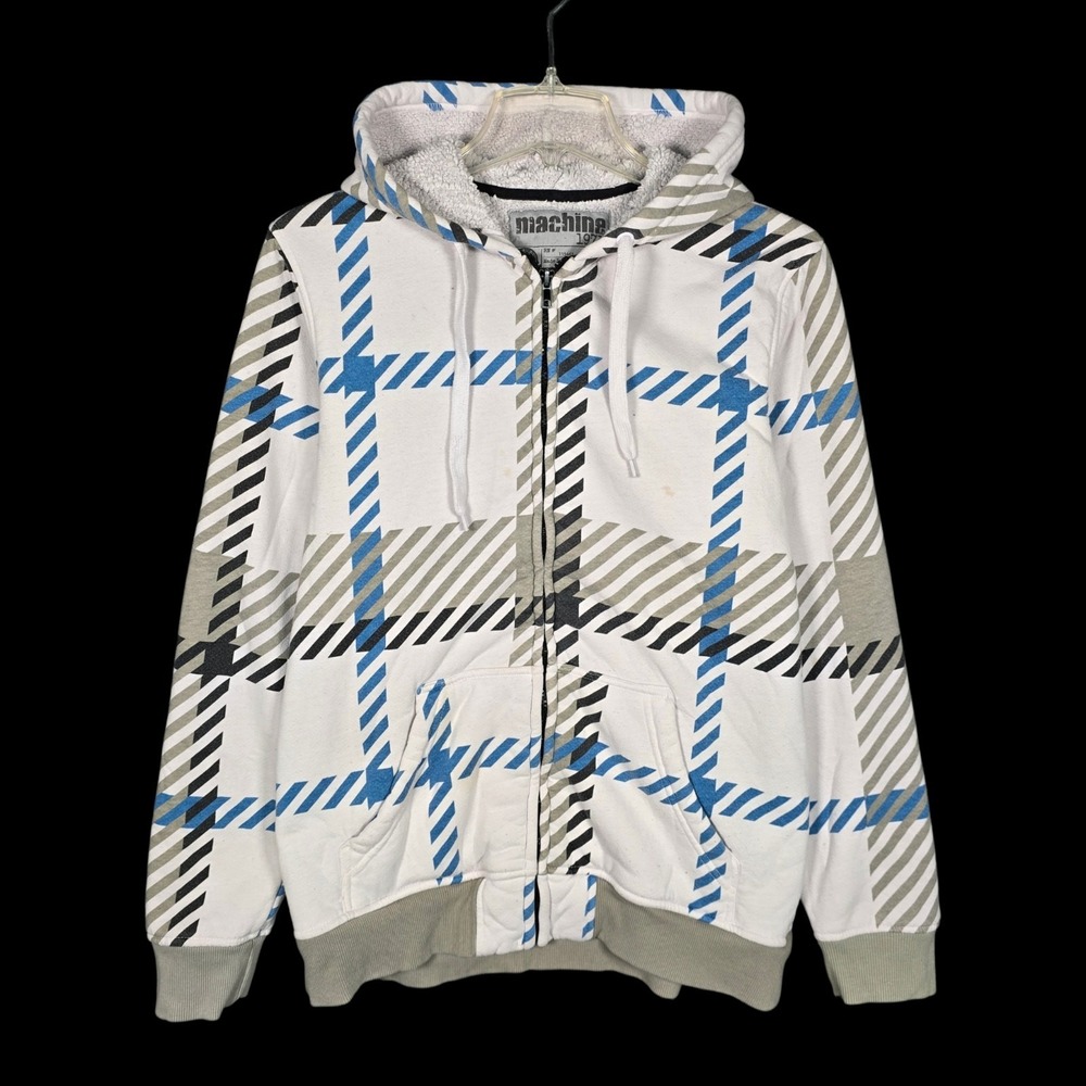 Vintage Y2K Machine Hoodie Mens Medium Sherpa Fleece Lined Full Zip Plaid White